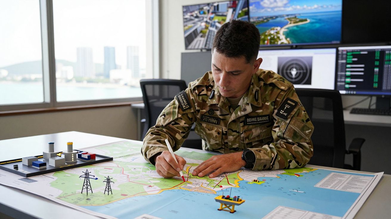 Militar em uniforme camuflado a marcar um mapa tático com miniaturas de infraestruturas e linhas de energia numa sala de cont