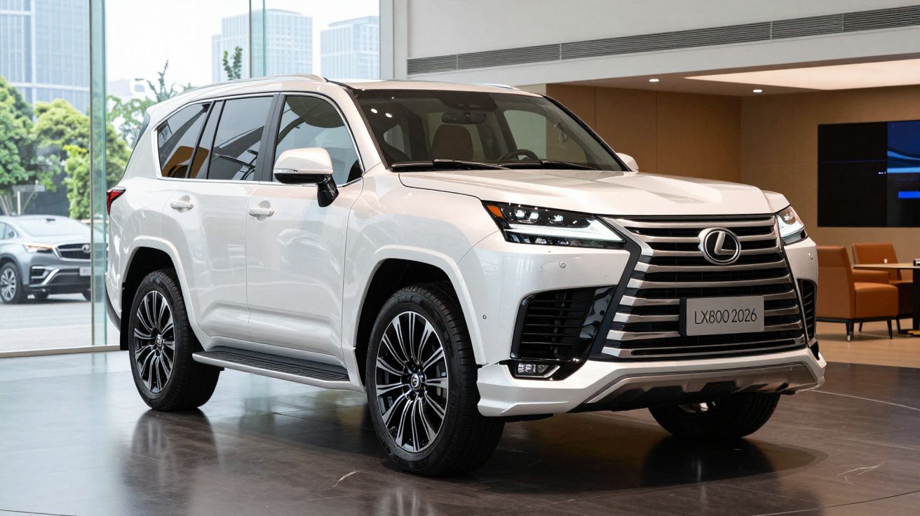 Carro SUV Lexus LX 800 branco modelo 2026, exposto num showroom moderno com vidros panorâmicos.