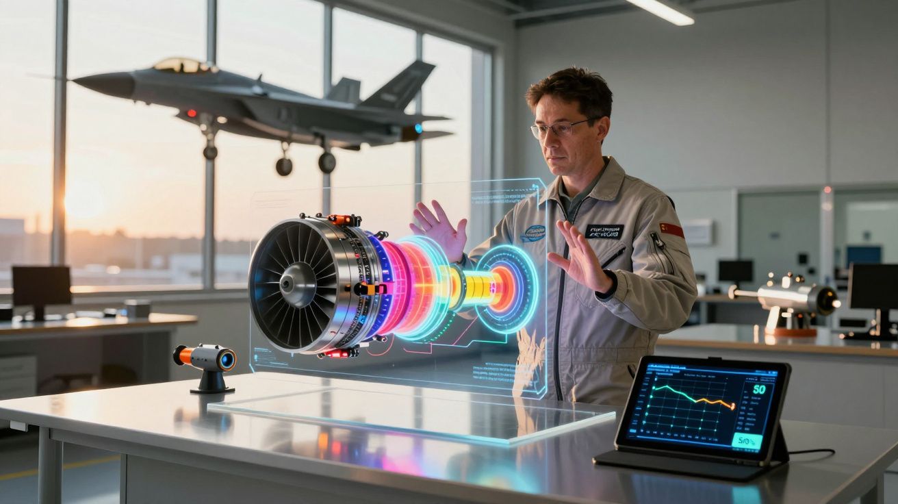 Engenheiro interage com holograma colorido de motor a jato em laboratório de aviação moderna.
