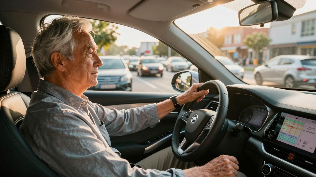 Homem sénior a conduzir carro em estrada urbana durante o pôr do sol com trânsito moderado.