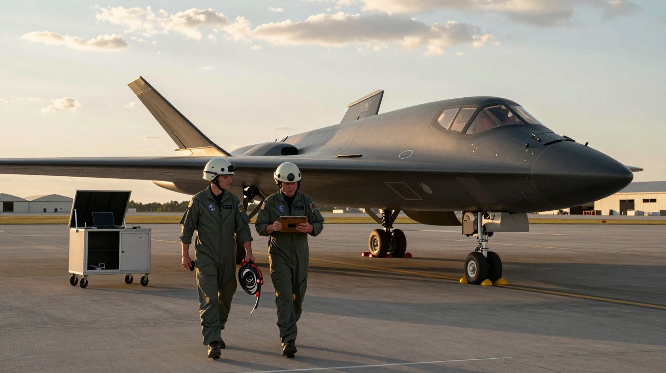 Dois pilotos em fato de voo e capacete caminham junto a um avião militar furtivo estacionado na pista.