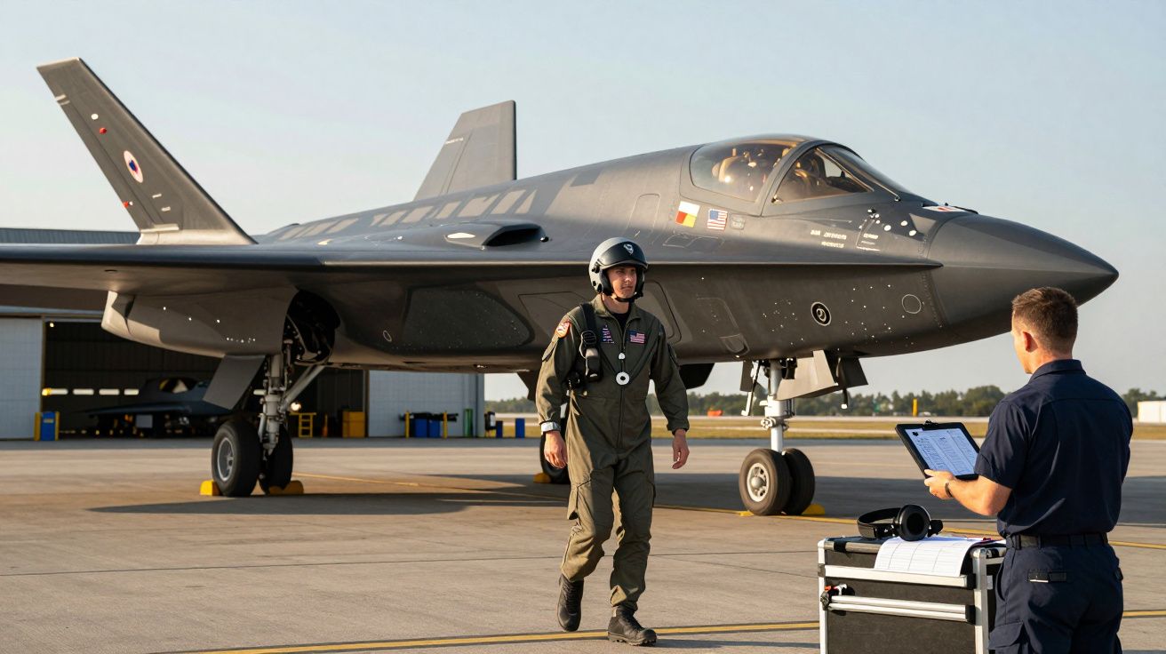 Piloto de caça aviador a caminhar junto a jato militar estacionado numa pista de aeroporto.