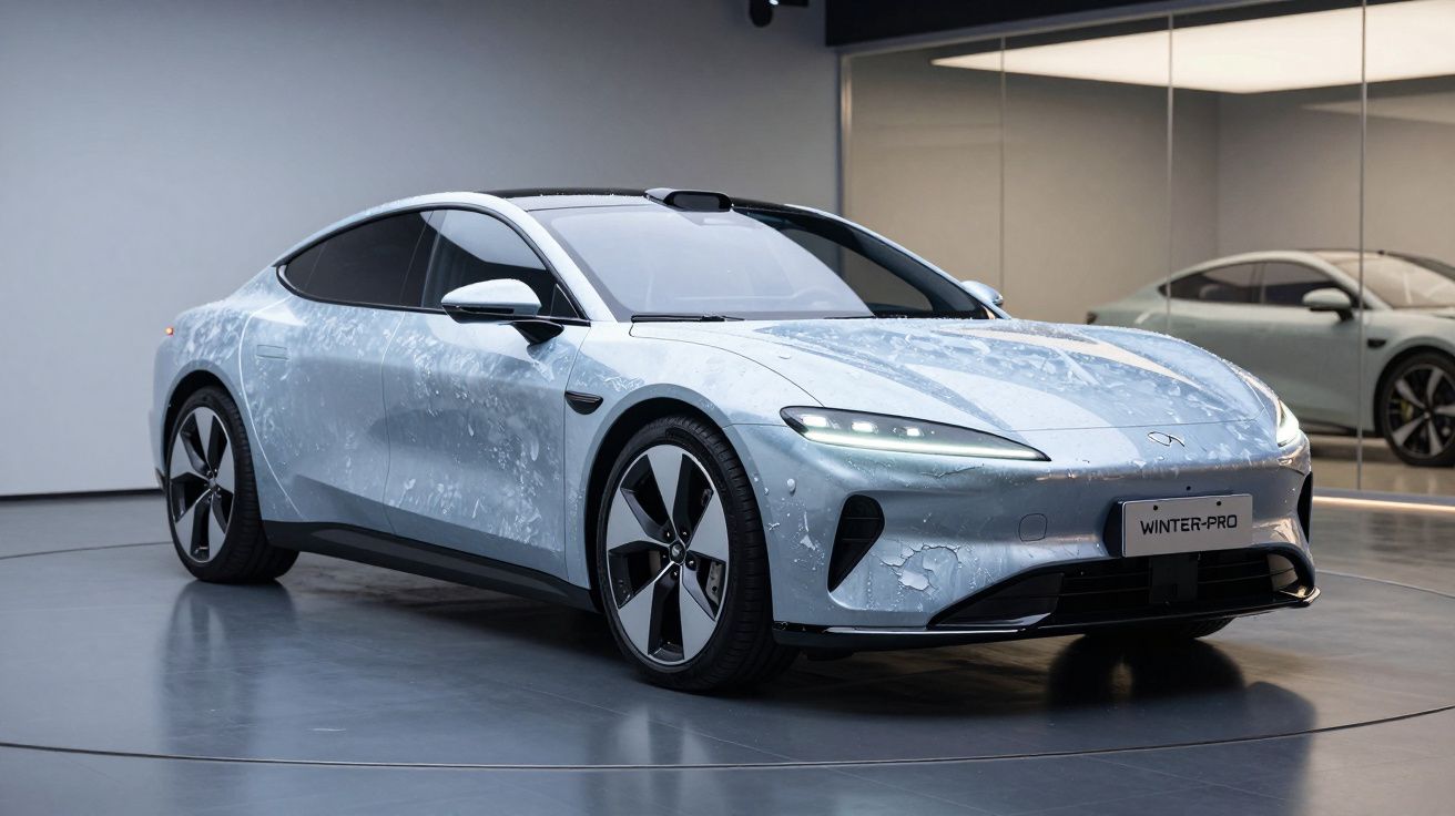 Carro elétrico desportivo cinza prateado com faróis LED, em exposição numa sala com espelhos.