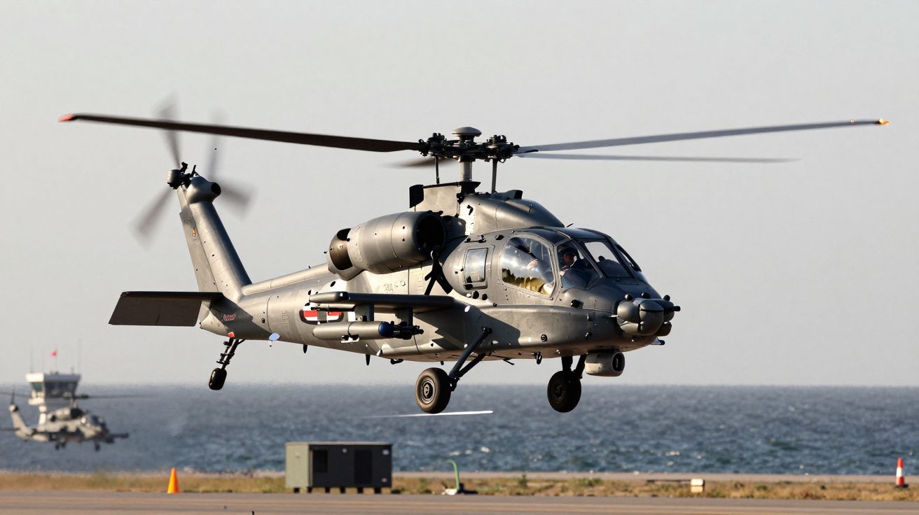 Helicóptero militar cinzento em voo baixo próximo ao mar e pista de aterragem.