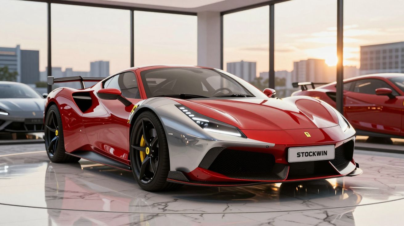 Carro desportivo vermelho com detalhes cinza e jantes pretas numa exposição interior com luz do pôr do sol.