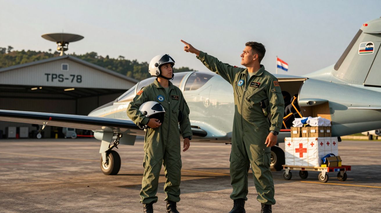 Dois pilotos de uniforme verde junto a um avião pequeno no aeroporto, com caixas de material médico ao fundo.