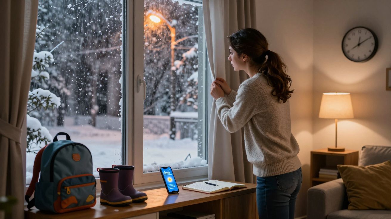 Mulher observa a neve a cair pela janela numa sala acolhedora à noite.
