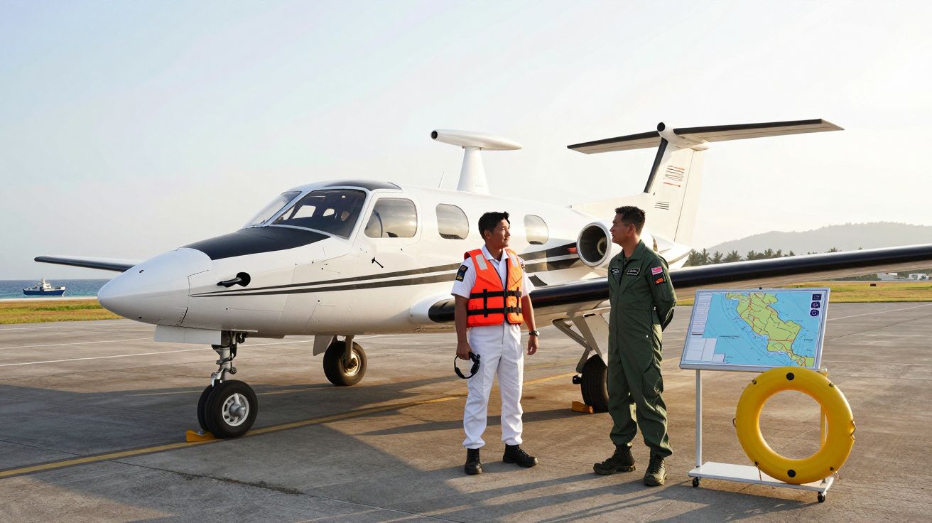 Dois homens em uniforme ao lado de avião pequeno estacionado em pista, com mapa e boia amarela visíveis.