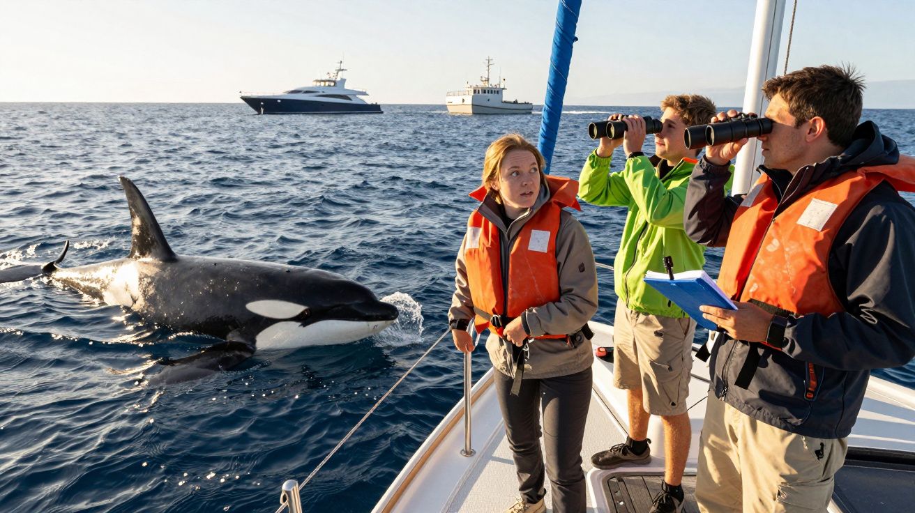 Três pessoas com coletes salva-vidas observam uma orca perto de um barco no mar, com dois barcos ao fundo.