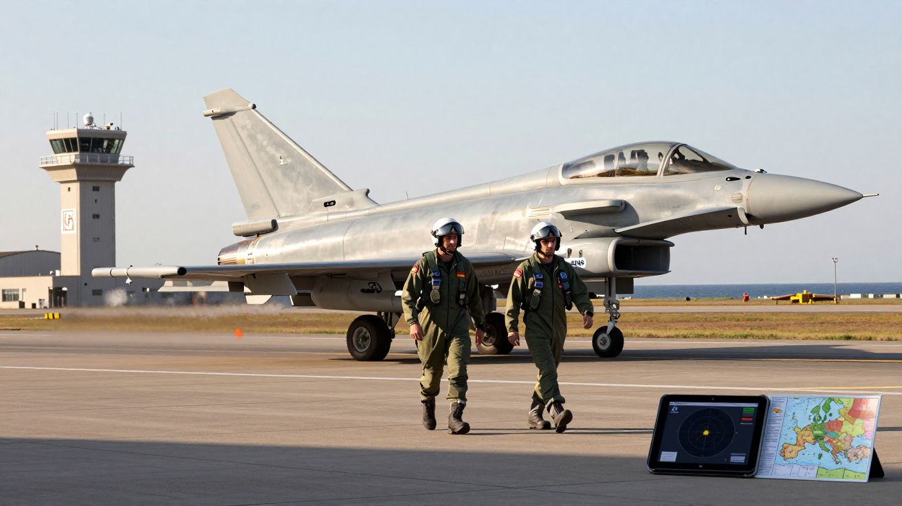 Dois pilotos militares a caminhar na pista com um caça Eurofighter Typhoon ao fundo em aeroporto militar.