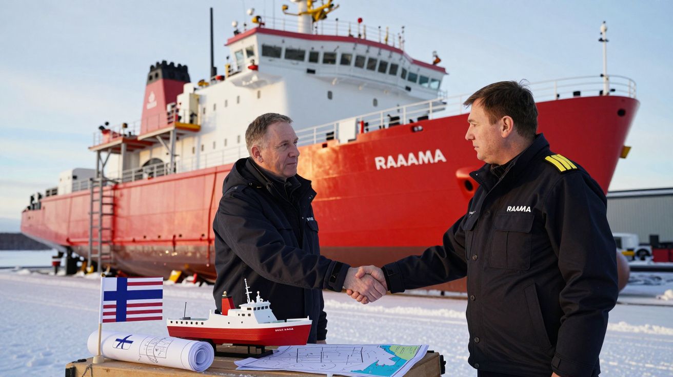 Dois homens apertando as mãos junto a maquetes e mapas, com um grande navio vermelho ao fundo em ambiente nevado.