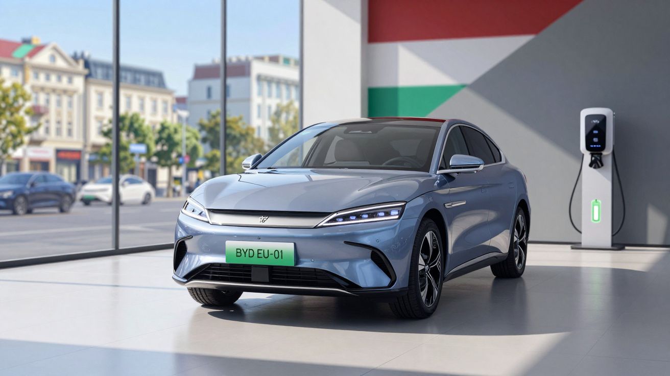 Carro elétrico cinza estacionado perto de posto de carregamento dentro de edifício com janelas grandes.