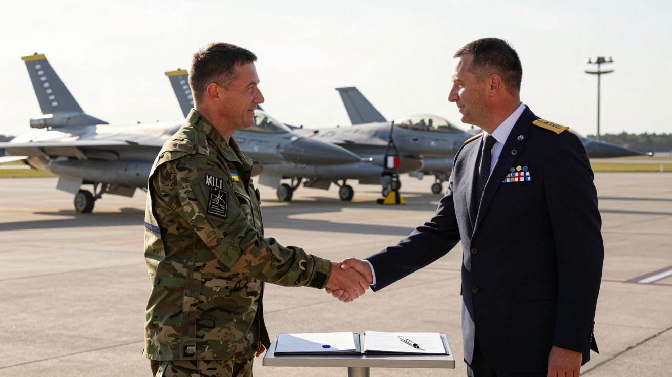 Dois militares apertam as mãos em pista de aeroporto com aviões de combate ao fundo e mesa com documentos.