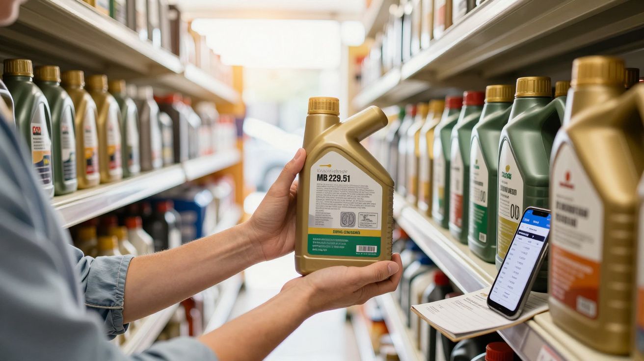 Pessoa segurando embalagem de óleo lubrificante para automóveis numa prateleira de supermercado.