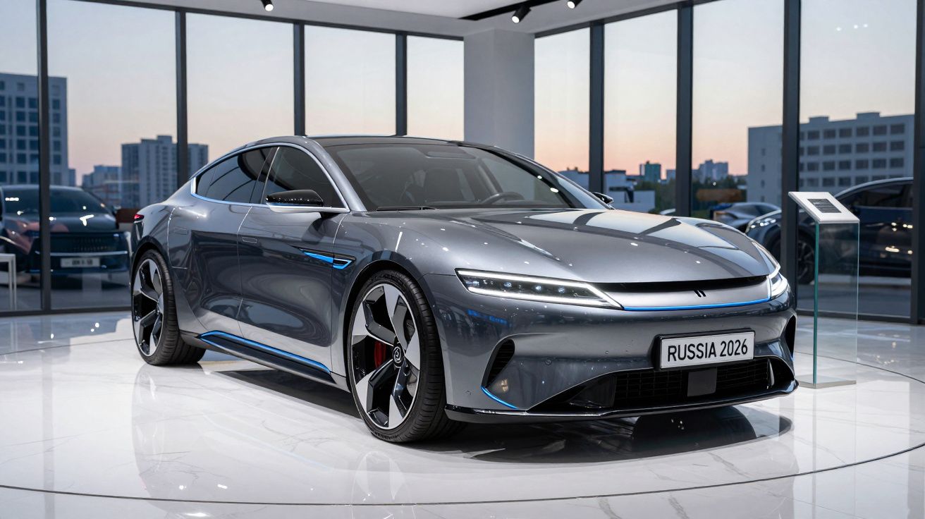 Carro elétrico cinza moderno exposto numa sala ampla com janelas grandes ao entardecer.