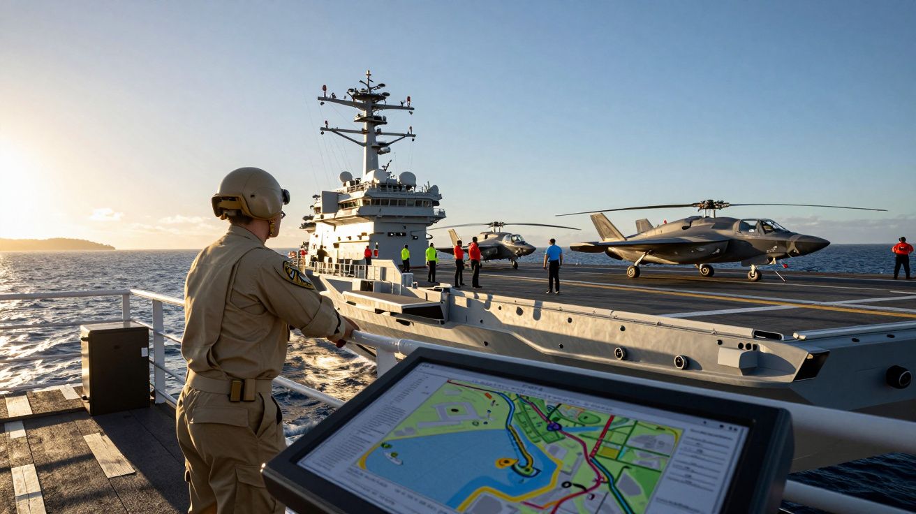 Militar observa porta-aviões com helicópteros no convés durante pôr do sol no mar.