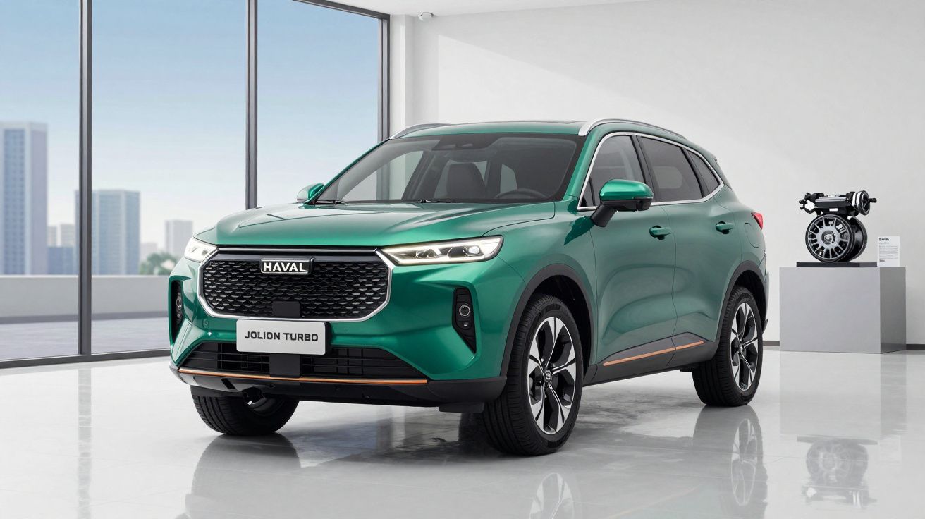 Carro SUV verde Haval Jolion Turbo estacionado em espaço interior moderno com janelas panorâmicas.