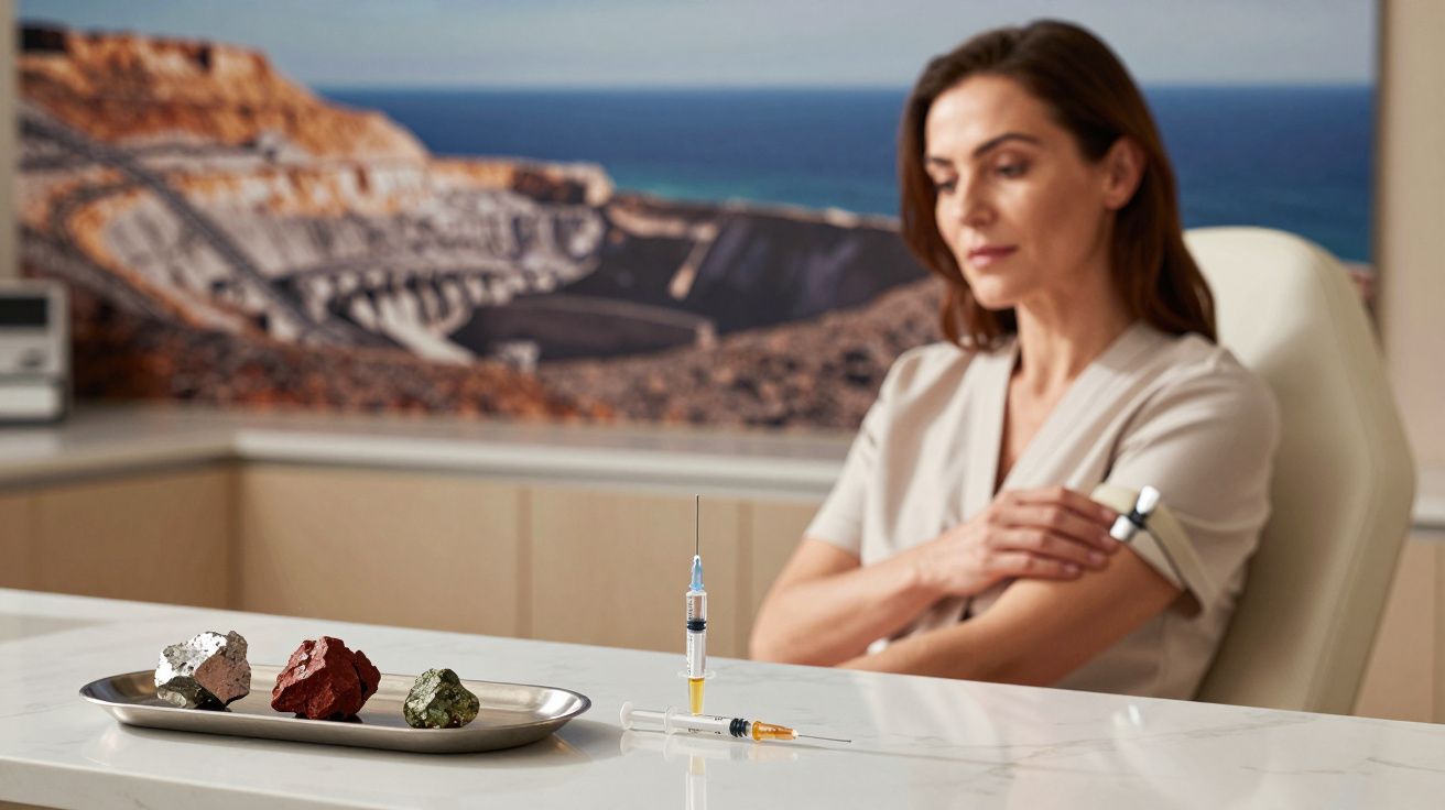Mulher sentada segurando o braço, seringa e amostras de rochas num laboratório científico.