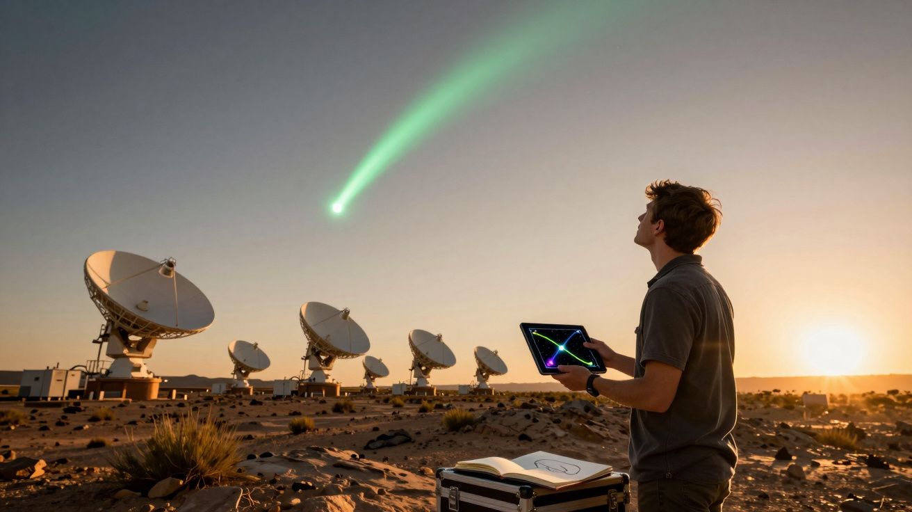 Homem observa com tablet com gráficos e antenas parabólicas sob céu ao pôr do sol com rasto verde no céu.