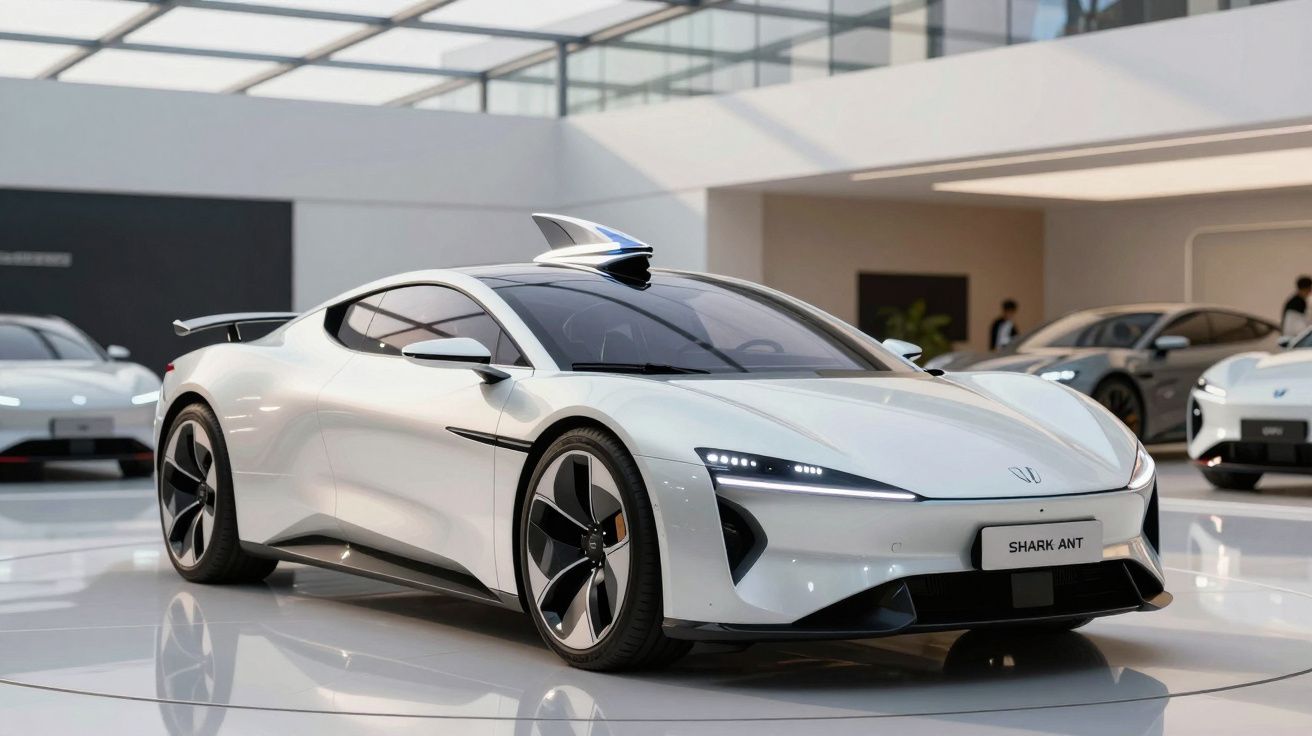 Carro desportivo elétrico branco com design aerodinâmico em exposição num showroom moderno.