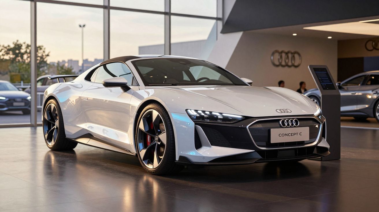 Carro desportivo Audi Concept C branco exposto numa sala de exposição moderna com grandes janelas.