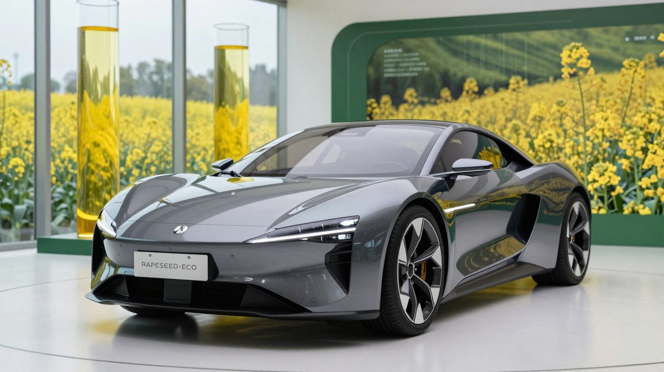 Carro desportivo elétrico cinzento com design moderno em exposição, com flores amarelas ao fundo.