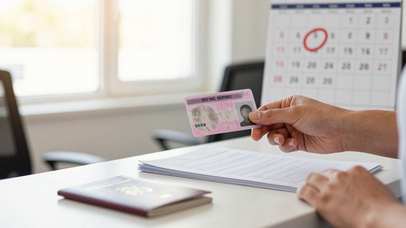 Pessoa segura cartão de identificação junto a documentos sobre mesa com passaporte e calendário ao fundo.