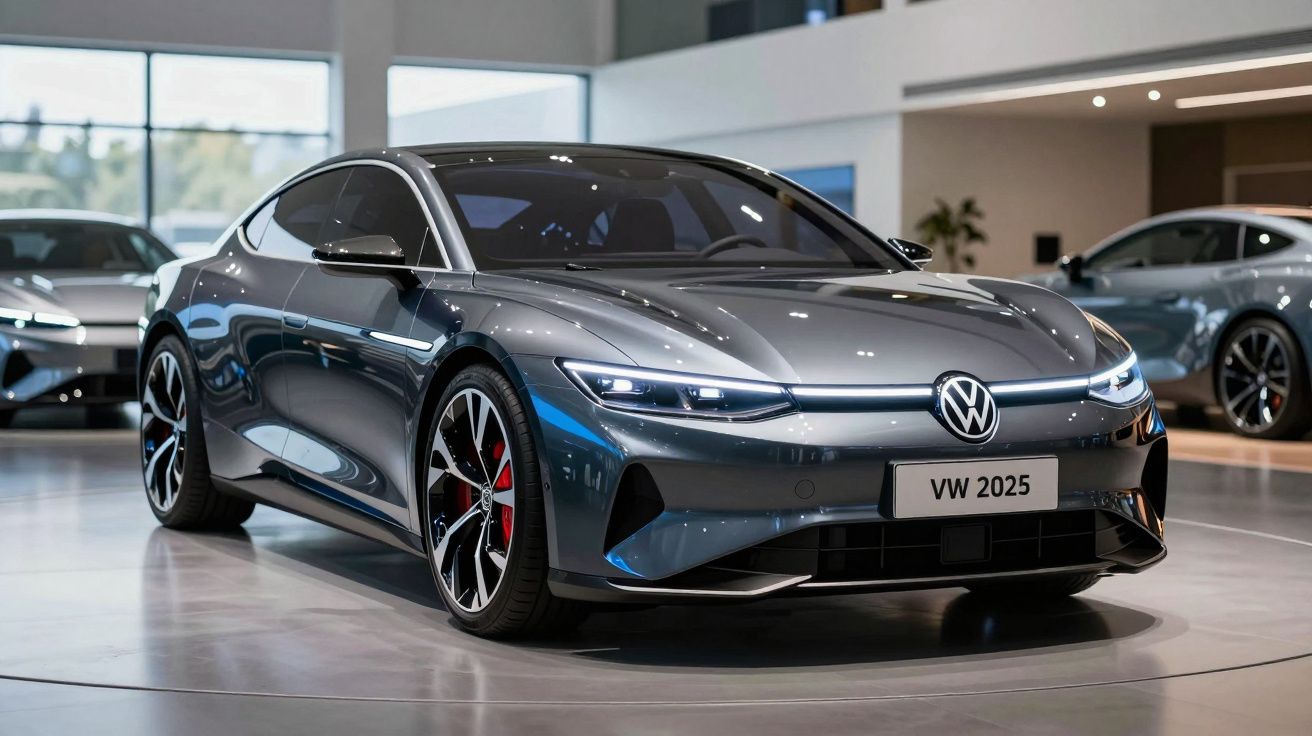 Carro elétrico Volkswagen cinzento modelo 2025 exibido em salão automóvel moderno e iluminado.