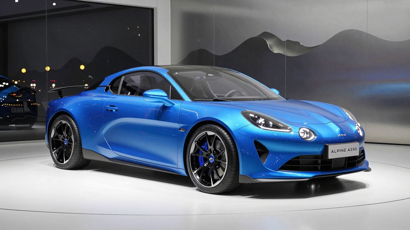 Carro desportivo azul Alpine A390 exposto em espaço moderno com fundo escuro e detalhes refletidos.