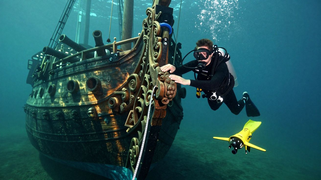 Mergulhador explora naufrágio antigo com veículo subaquático amarelo no fundo do mar.