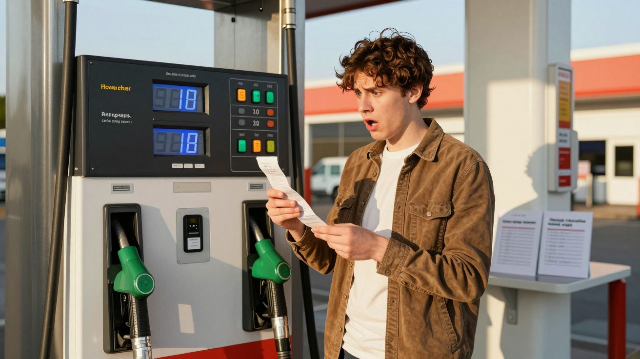 Jovem surpreendido olha para um recibo ao abastecer carro numa bomba de gasolina.