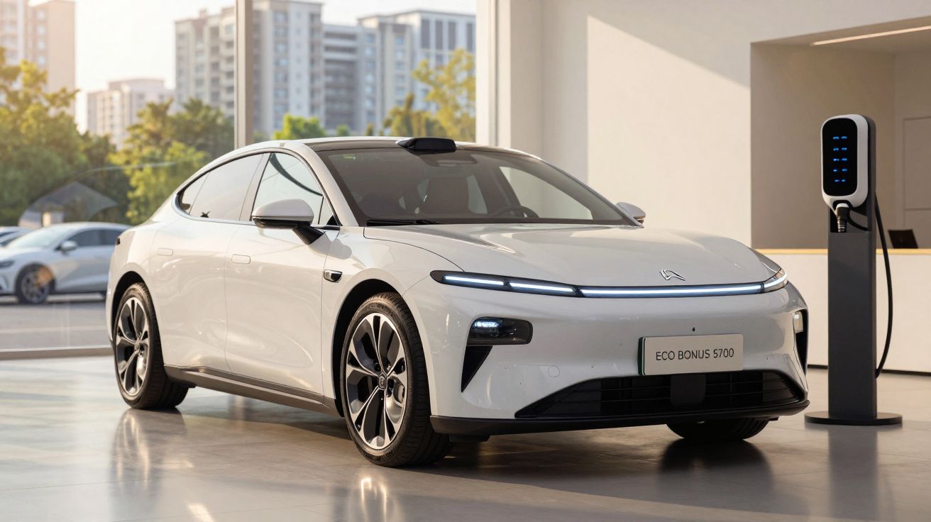 Carro elétrico branco estacionado numa garagem moderna ao lado de uma estação de carregamento.