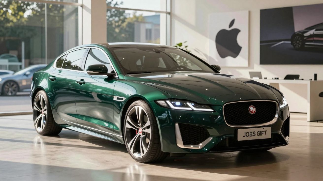 Carro desportivo verde Jaguar estacionado num showroom moderno com logotipo da Apple ao fundo.
