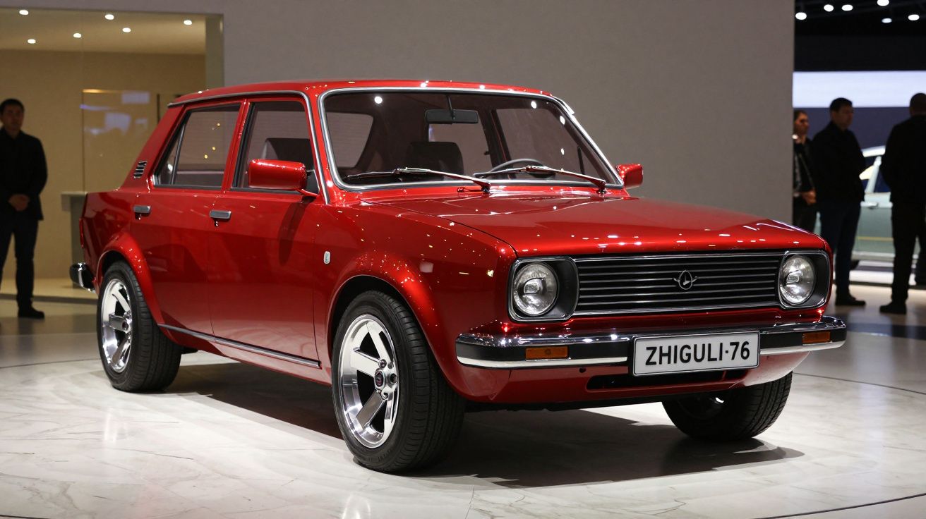 Carro clássico vermelho Zhiguli-76 em exposição, vista frontal lateral direita.