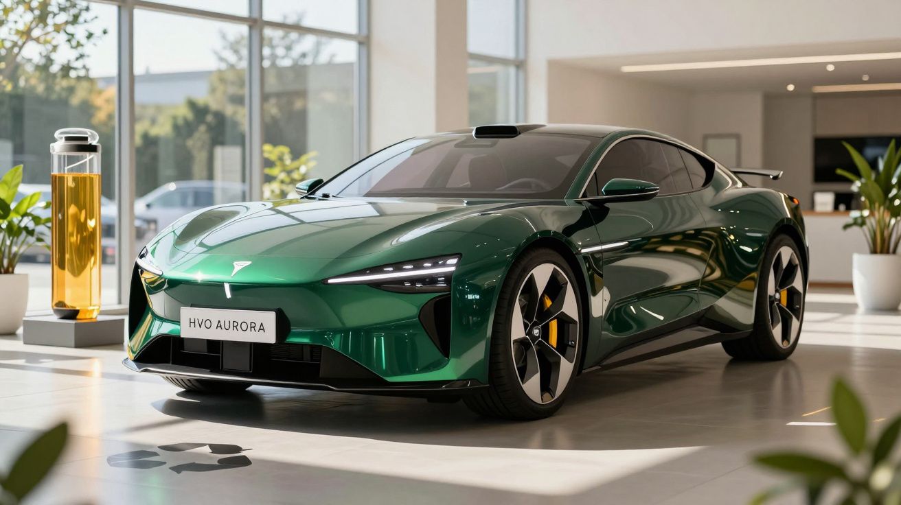 Carro desportivo eléctrico verde HVO Aurora estacionado em showroom moderno com grandes janelas.