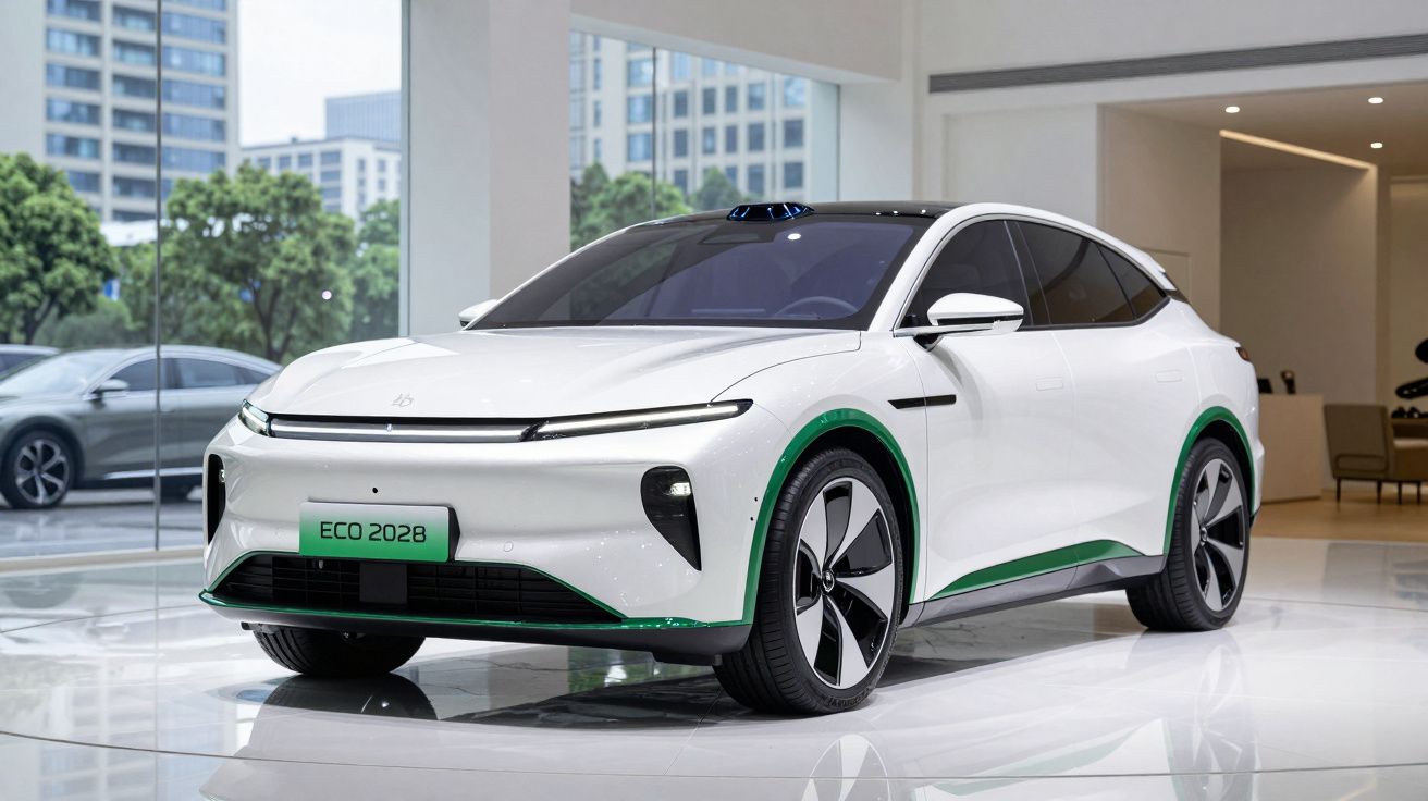 Carro elétrico branco com detalhes verdes exposto em ambiente moderno e luminoso.