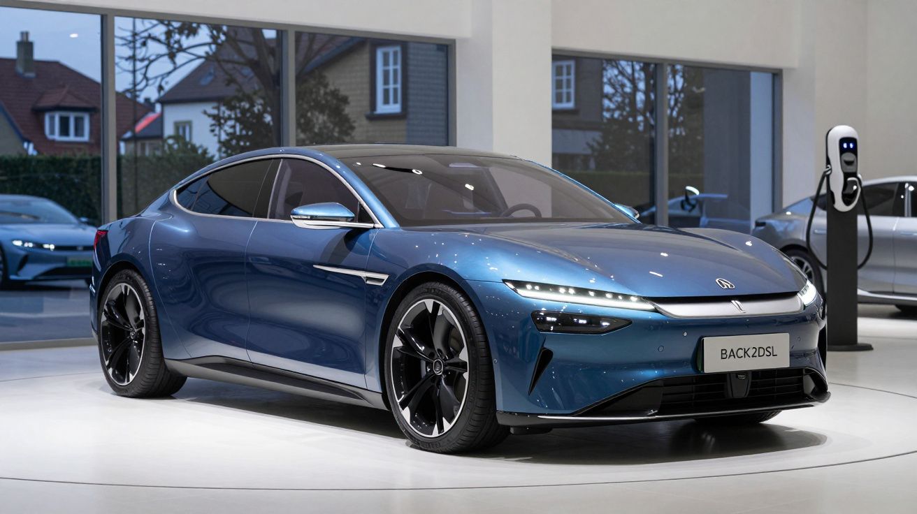 Carro elétrico azul brilhante estacionado em exposição com posto de carregamento ao fundo.