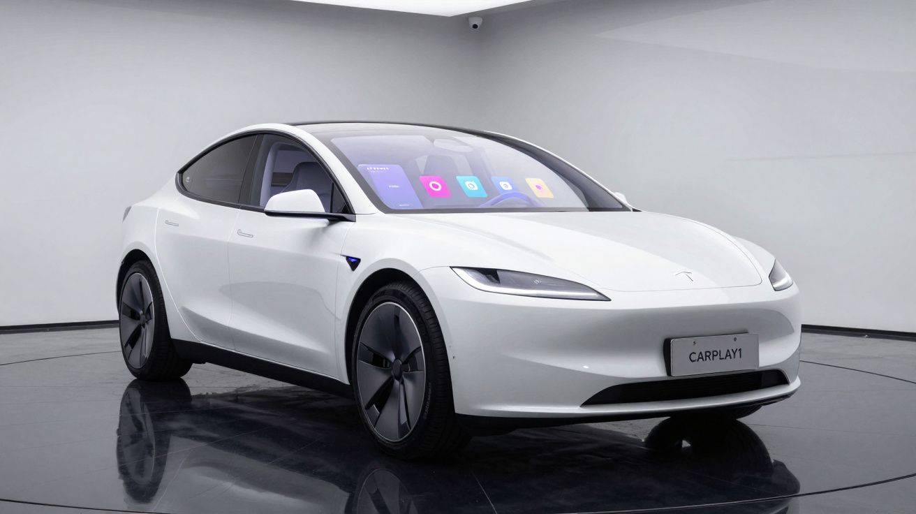 Carro elétrico moderno branco Tesla num ambiente minimalista com interior digital visível no vidro frontal.