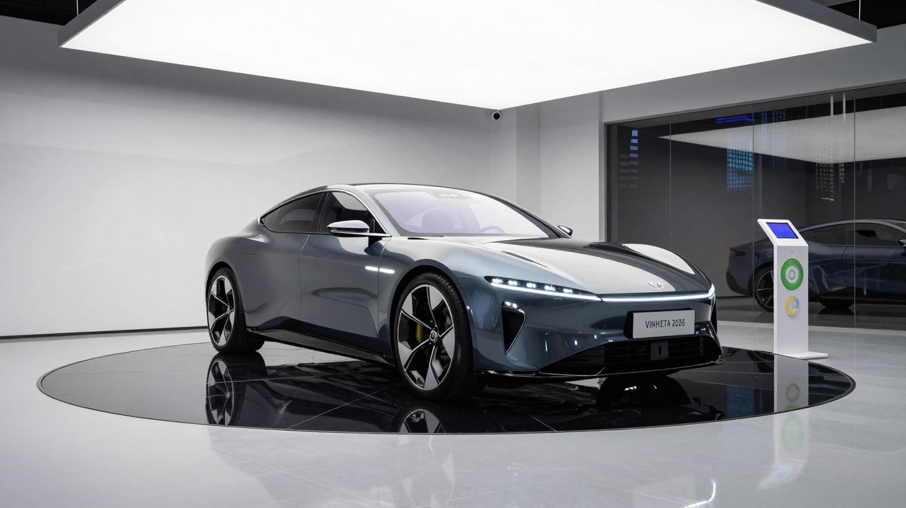 Carro desportivo elétrico moderno cinzento escuro numa exposição minimalista com piso espelhado.