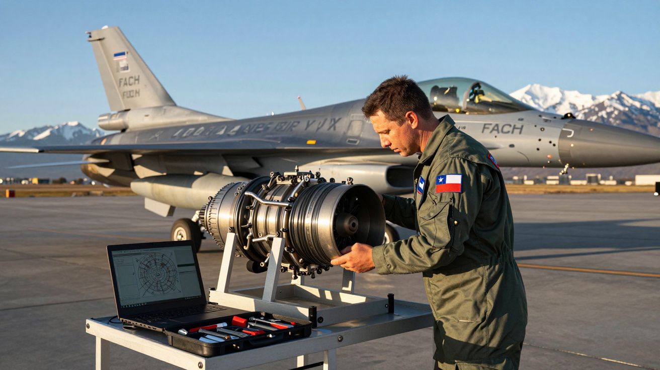 Militar chileno em uniforme trabalha na manutenção de motor de avião de caça F-16 na pista de aeroporto.