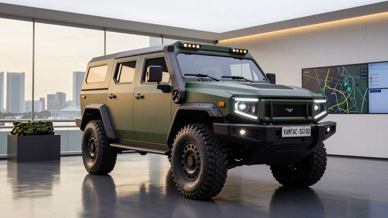 Veículo todo-o-terreno militar verde com faróis iluminados em sala moderna com janelas amplas.