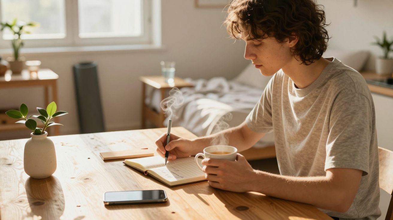 Jovem sentado numa mesa em casa, a escrever num caderno e a beber uma chávena de chá fumegante.