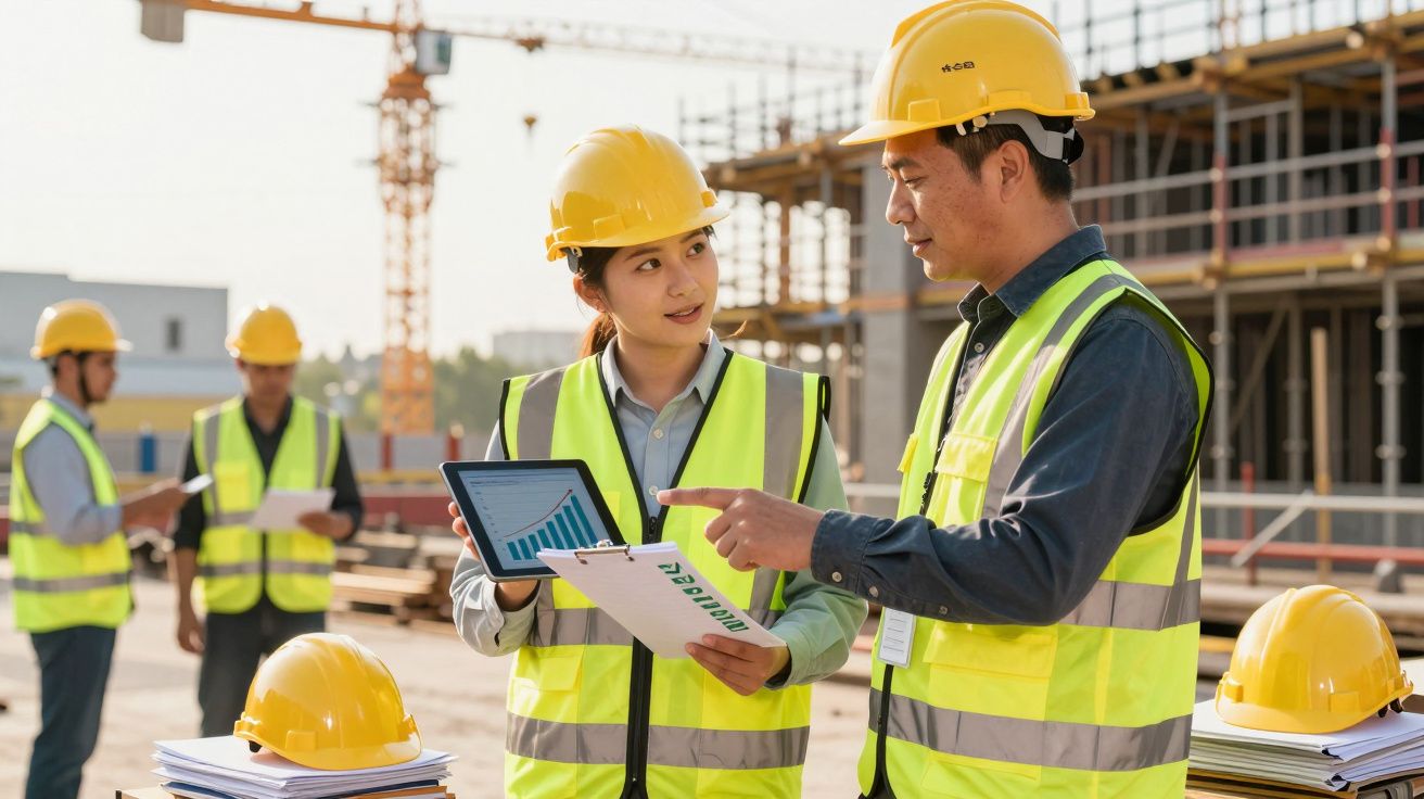 Dois engenheiros em coletes refletivos e capacetes amarelos discutem gráficos numa obra de construção.