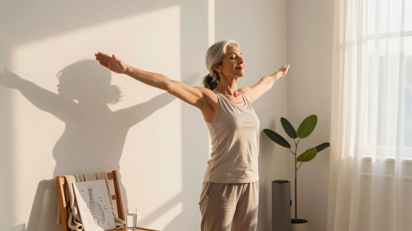 Mulher madura de olhos fechados com braços abertos em sala iluminada, relaxando e a respirar fundo.