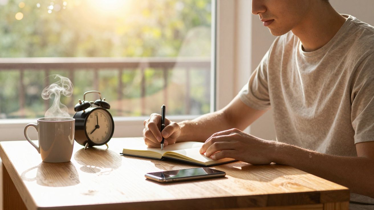 Pessoa a escrever numa caderneta, com uma chávena de café fumegante, um relógio despertador e um telemóvel numa mesa.