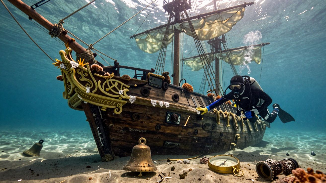 Mergulhador explora um navio pirata submerso com objetos antigos no fundo do mar.