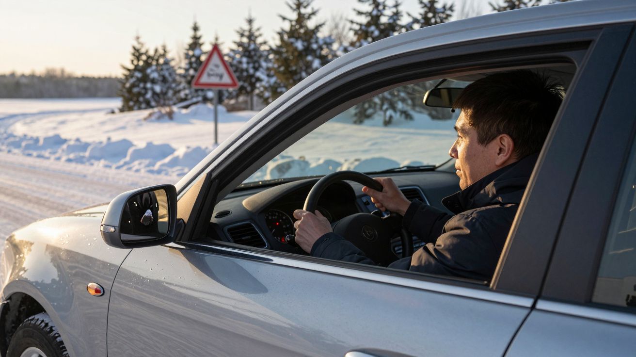 Homem a conduzir carro prateado em estrada nevada com sinais de trânsito no interior de inverno.