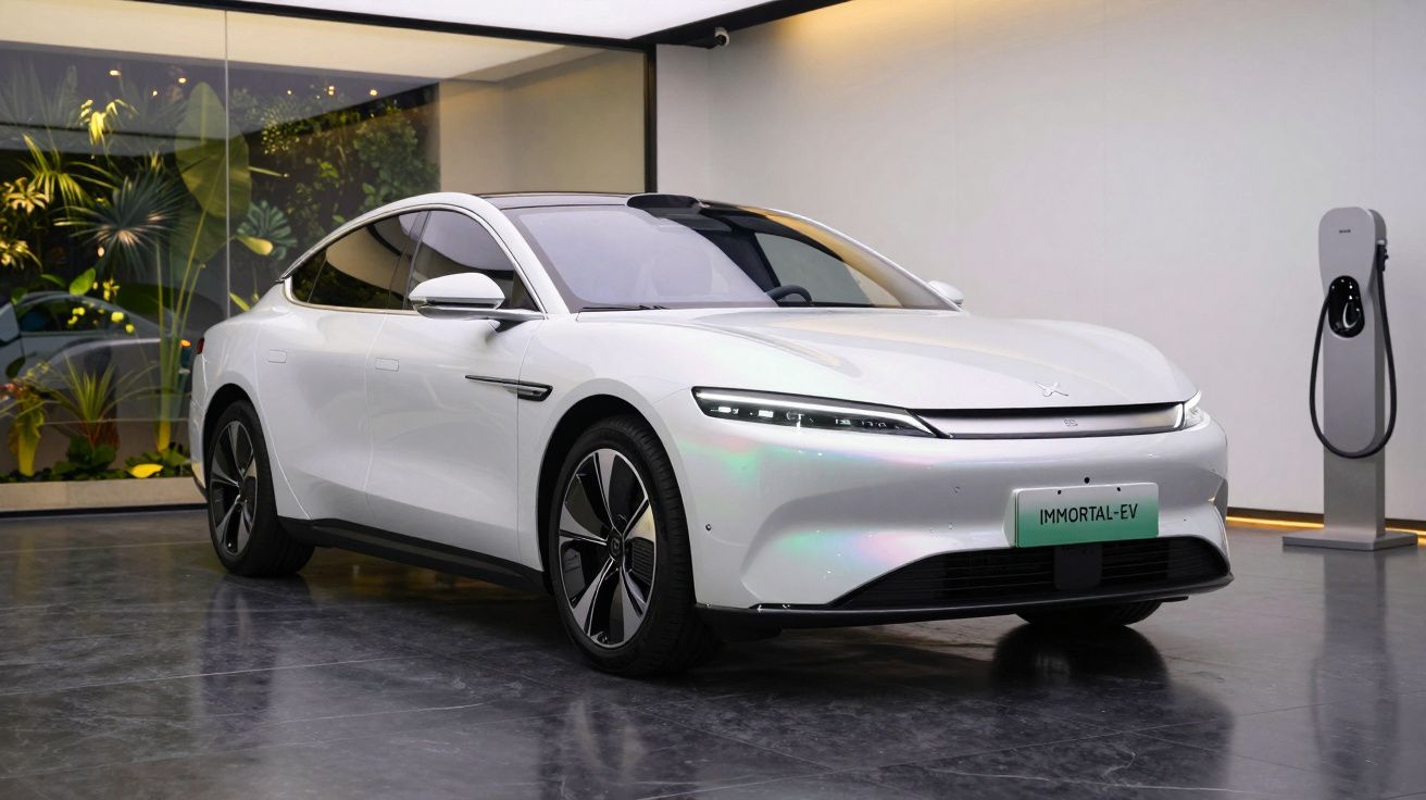 Carro elétrico branco moderno estacionado interior com estação de carregamento ao lado e plantas ao fundo.