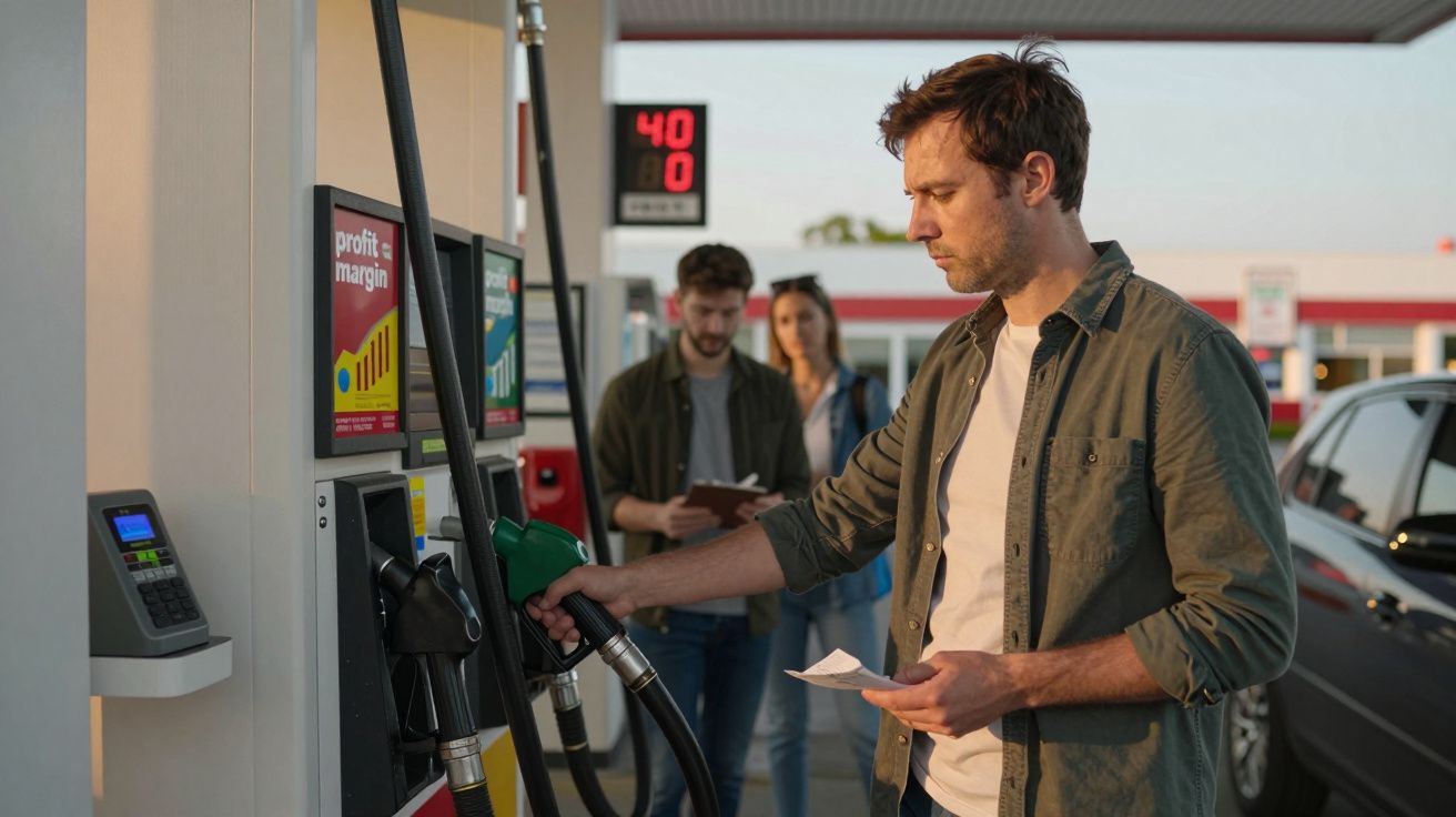 Homem a abastecer carro numa bomba de combustível, segurando um recibo e com duas pessoas ao fundo.