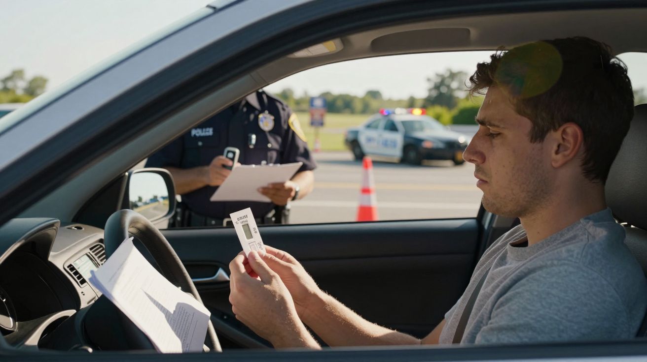 Homem na viatura mostra aparelho de teste de álcool enquanto polícia escreve relatório no trânsito.